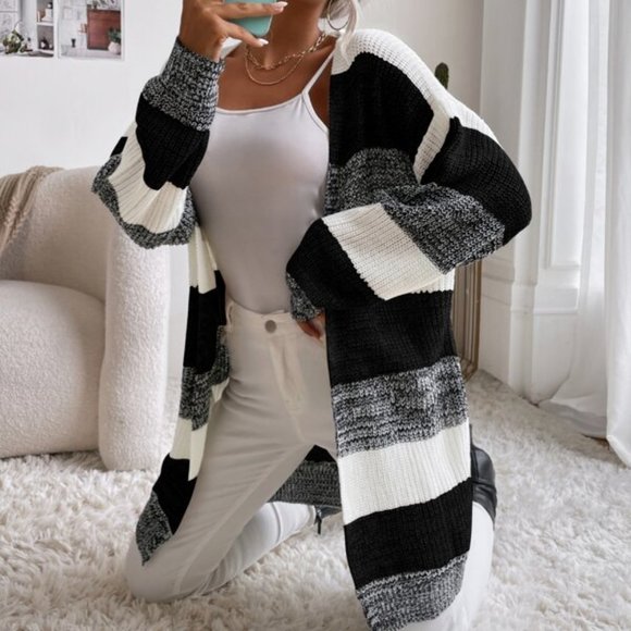 Trendy! Color Block Open Front Batwing Sleeve Long - Picture 5 of 7